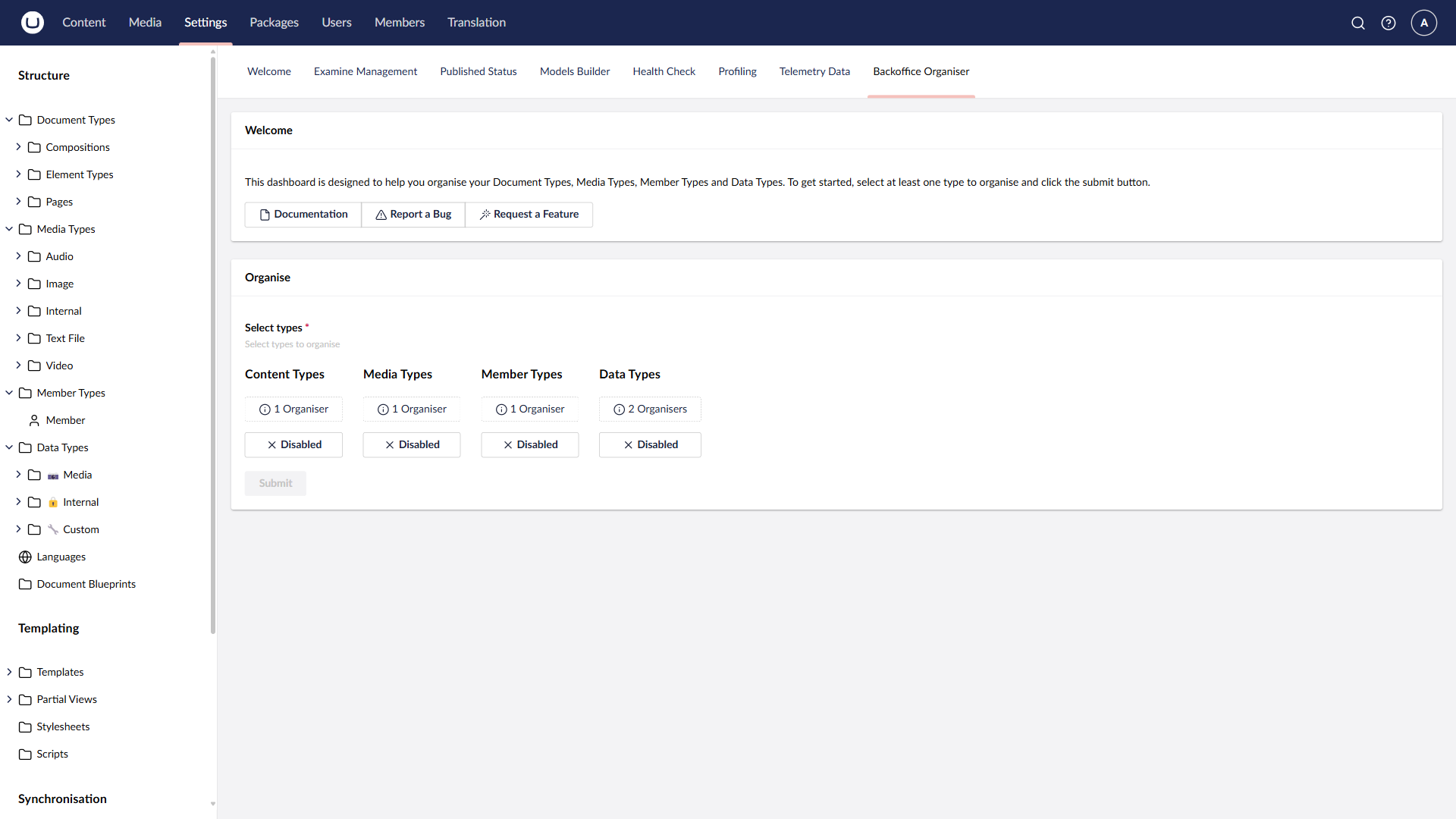 The Back Office Organiser Dashboard within the Umbraco Backoffice