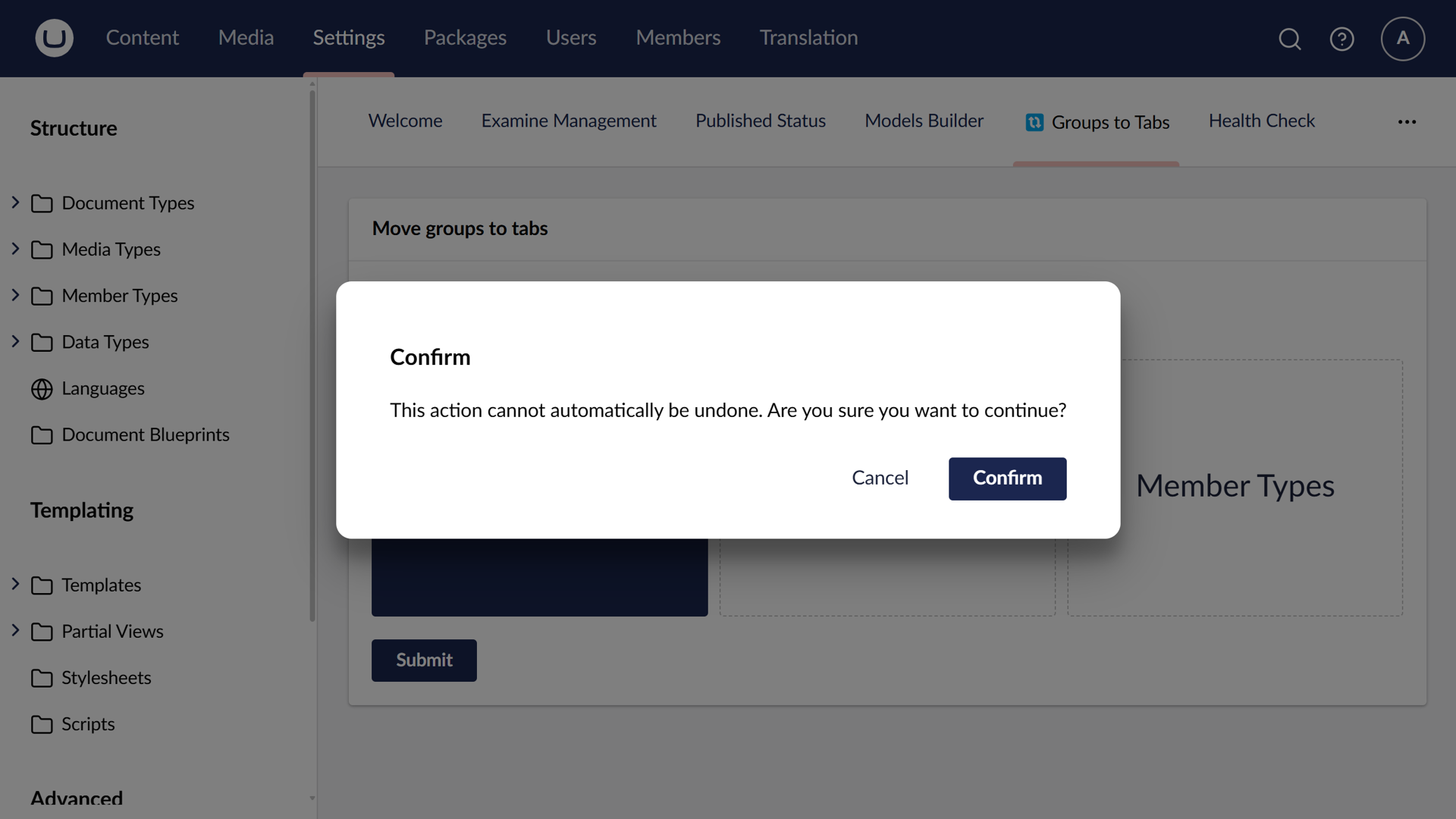A modal displays to prevent unintentional changes.