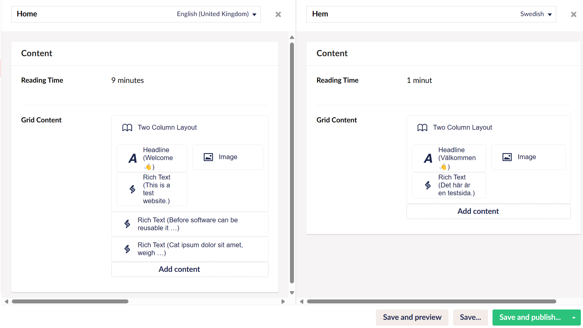 A screenshot of Content showing Reading Time with the Back Office.