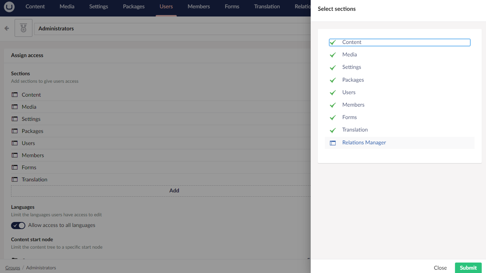 User Permissions: Make sure the right Users/Groups have access to the Relations Manager section