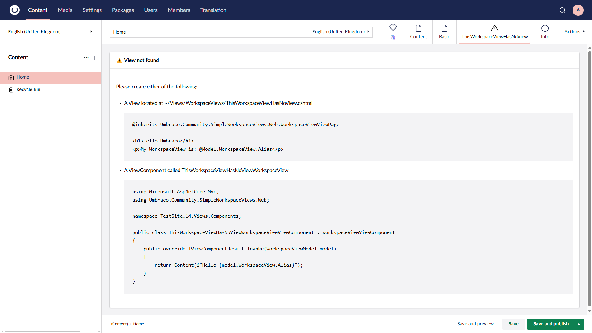 A friendly message is displayed when a Simple Workspace View is not valid.