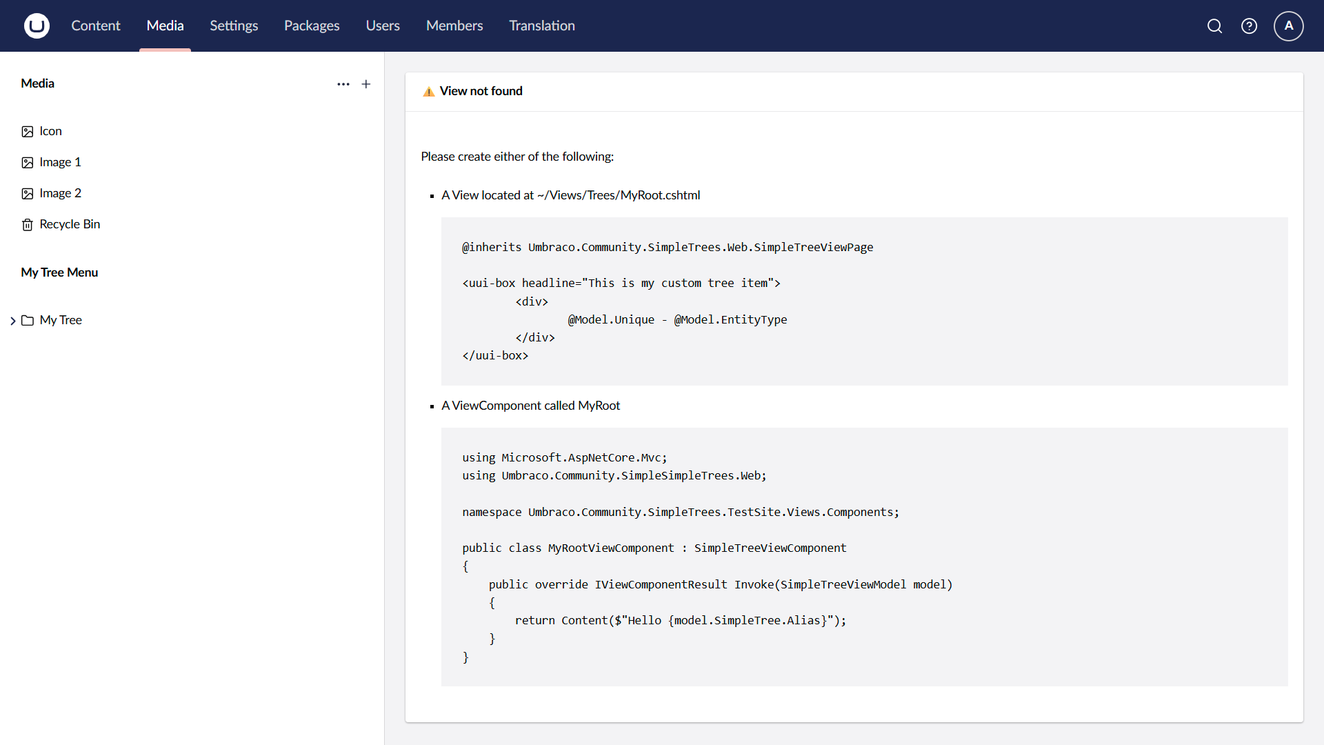 A friendly error message when no tree view is found