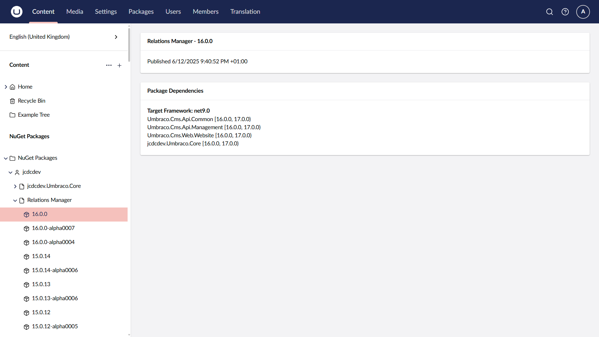 An example of a custom tree displaying NuGet packages and authors