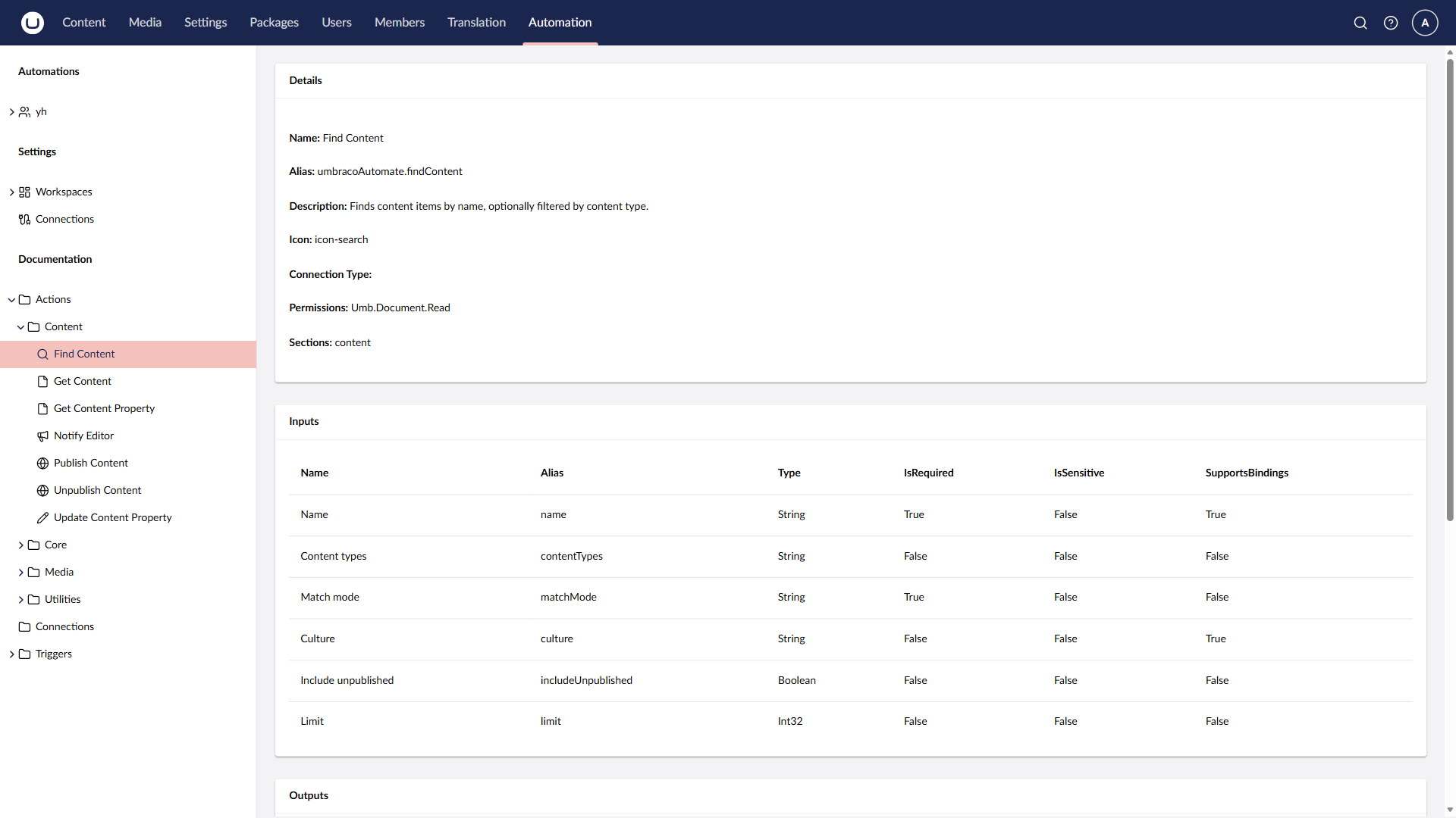View of an Automate Action screen.