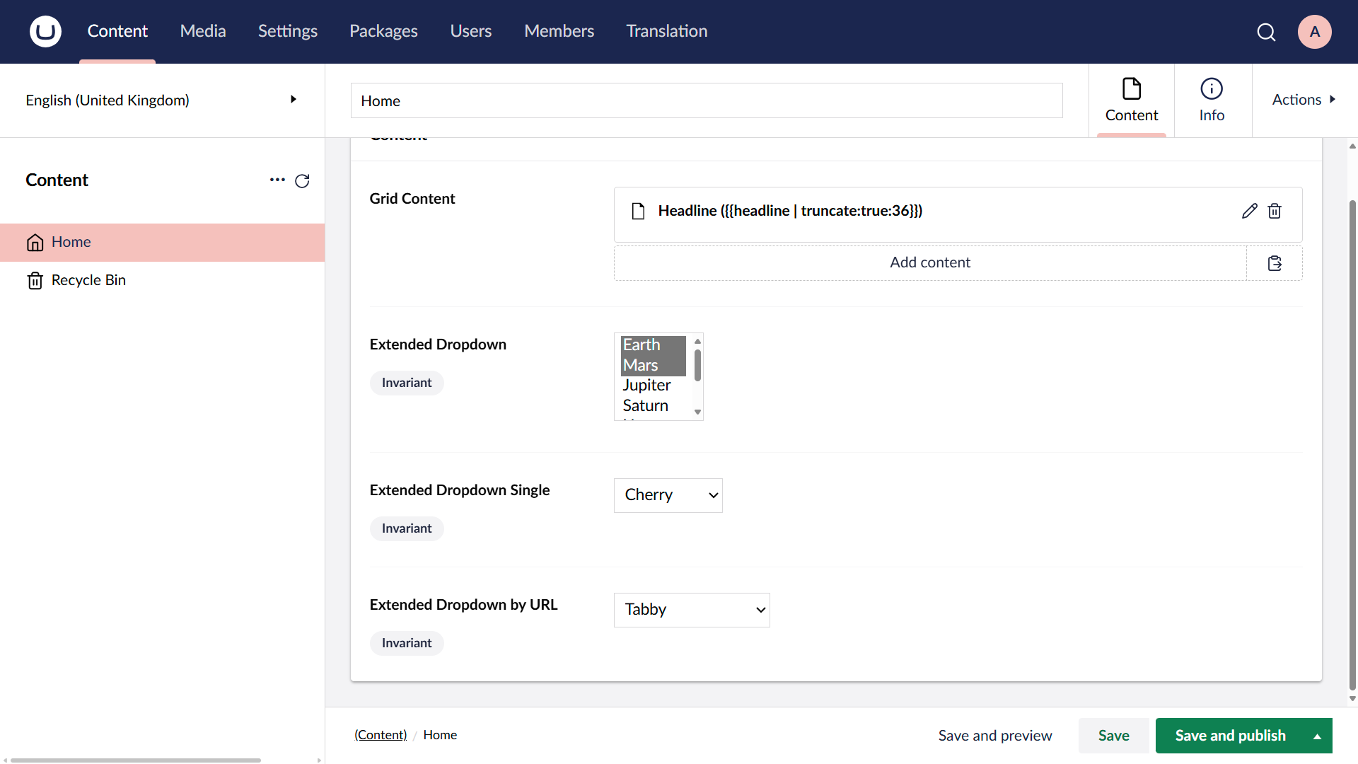 An example of three dropdown editors in the backoffice.