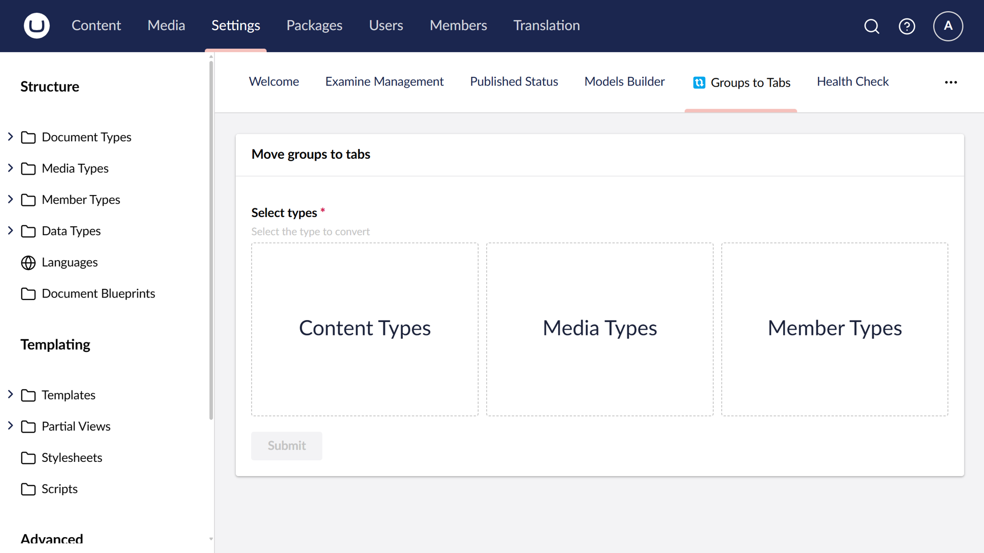 Access to the dashboard is from the Settings section of the Umbraco Backoffice.