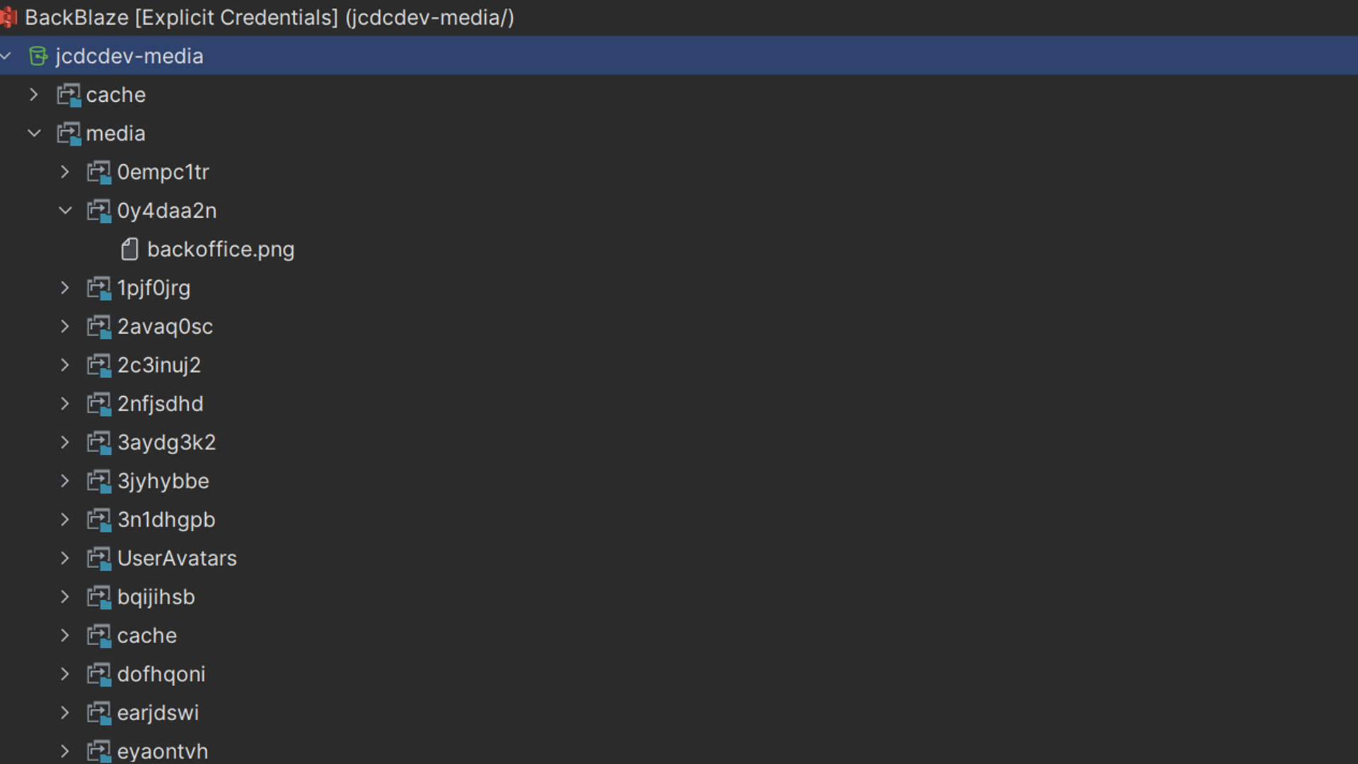 A screenshot of a B2 Storage account showing an Umbraco media library.