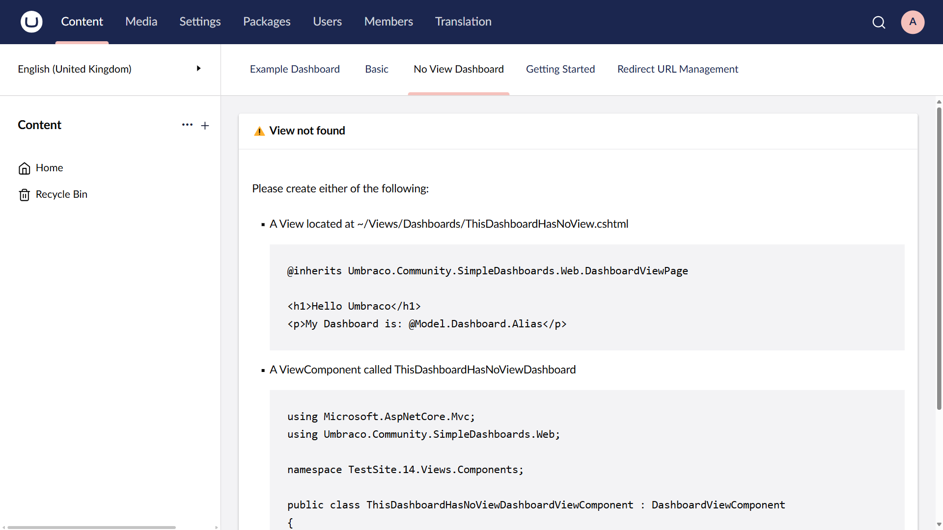 A friendly error message when no dashboard view is found