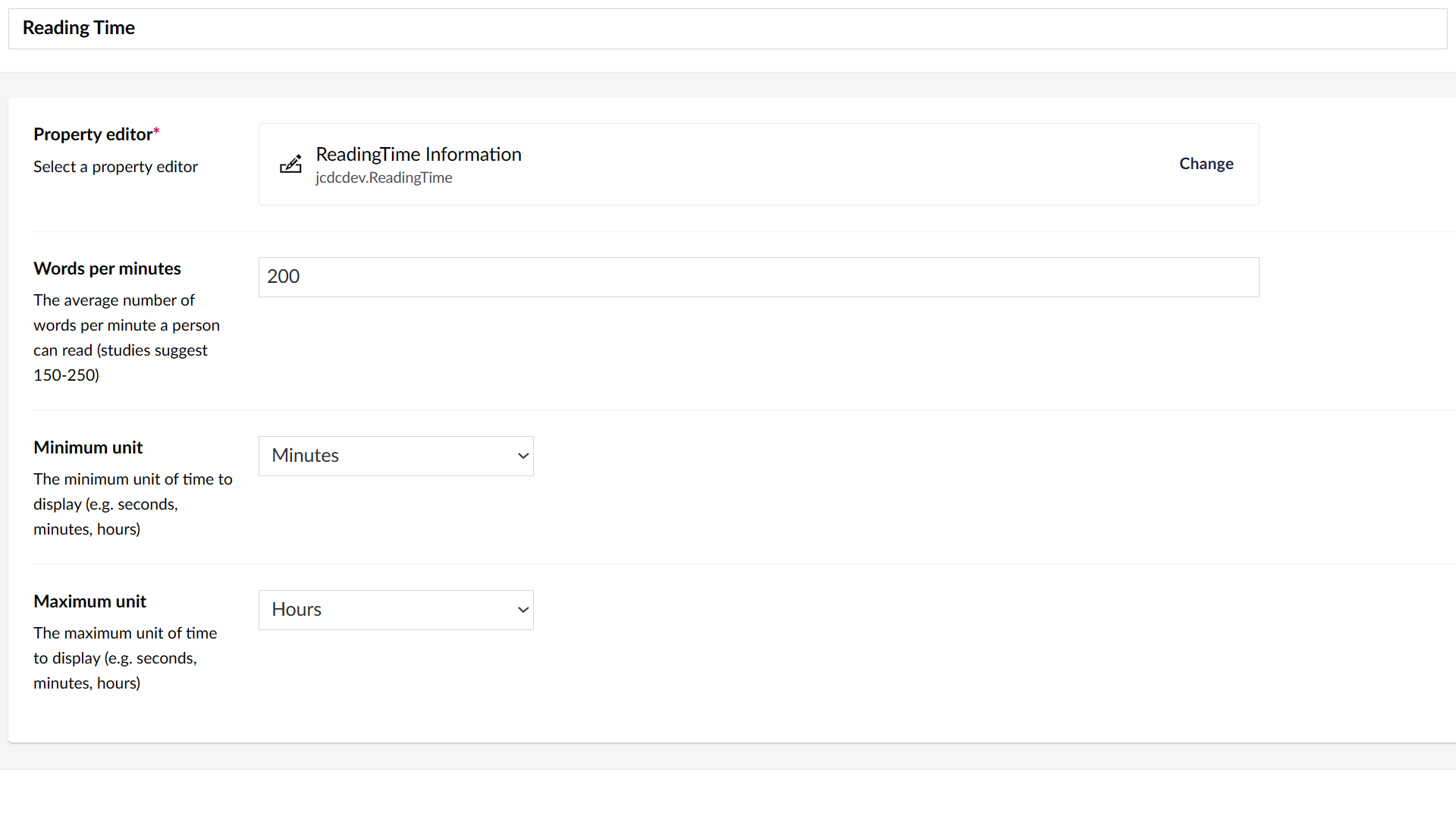 A screenshot of Reading Time data type settings within the Back Office.